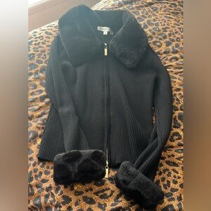 Black Ribbed Zip Cardigan with Faux Fur Collar & Cuffs